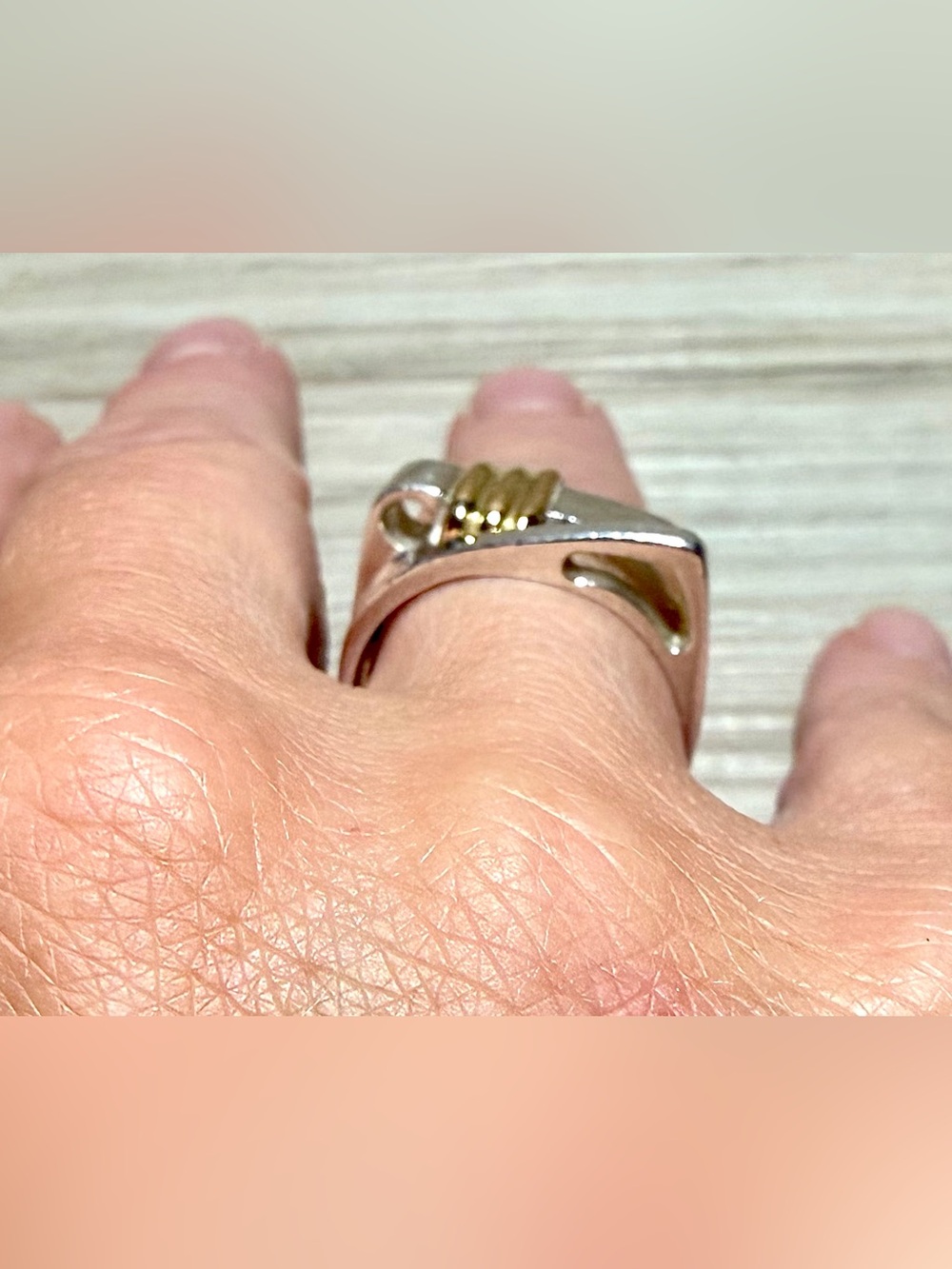 Vintage Designer Signed 950 Silver & 18K Gold Modernist Ring, Size 7.5, 7.4g - Picture 8 of 11